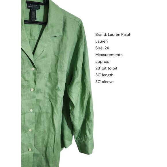 Lauren Ralph Lauren Linen Button Down Shirt 2X Green Embroidered Chest Logo RLL - Picture 3 of 7